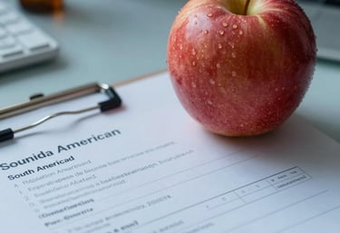 A close-up of a clinical report and a fresh red apple on a desk, symbolizing health and science, soft slate blue lighting, South American office setting.