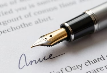 A macro shot of a gold-nibbed fountain pen resting on a signed legal contract, suggesting closure and professional resolution.