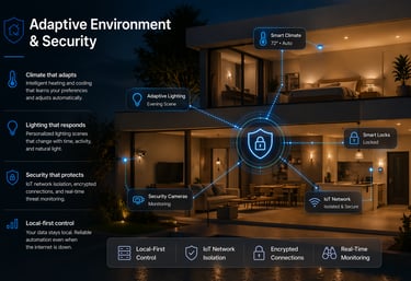Secure smart home automation showing adaptive lighting, climate control, and IoT network isolation.