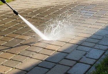 a person using a pressurer to clean a brick walkway