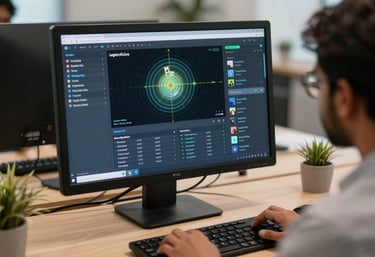 A modern computer station in a professional South Asian office showing an advanced GPS tracking interface and logistics data.