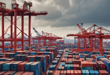An aerial view of a busy shipping port with containers being loaded and unloaded under a clear sky.