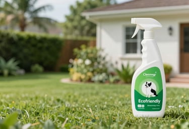 A lush, healthy green garden landscape adjacent to a sparkling clean house exterior, symbolizing the safety of our eco-friendly cleaning solutions on plants and pets.