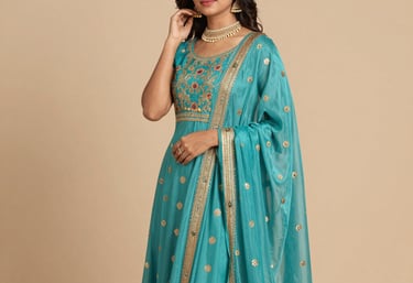 Elegant group of Indian women in flowing ethnic outfits in soft grey and off-white tones, smiling in a sunlit boutique.