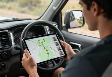 A man reviewing a digital tablet showing a trail map and creator profiles while sitting in the front seat of a 4WD truck. The interior is rugged and high-tech.