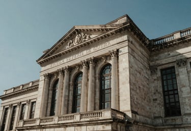 Architecture of the Escola Superior de Guerra in Rio de Janeiro, viewed from a low angle to convey authority. The sky is a muted steel blue, highlighting the neoclassical features.
