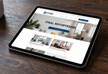 A crisp, high-resolution shot of a tablet displaying a sleek, professional real estate website design on a dark wood table in a US office.