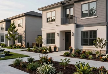A professional photography shot of a North American residential development with clean, modern architecture and sustainable landscaping.