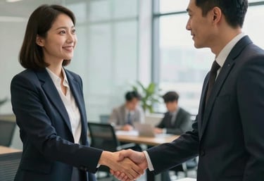 A high-quality, professional photo of two community leaders in a modern office in the US, shaking hands while looking at a site plan, symbolizing collaboration and trust.