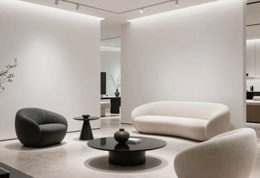Elegant photography of a high-end designer showroom in a North American city, featuring minimalist white walls and futuristic furniture.