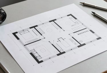 Photography of a clean, minimalist floor plan or blueprint on a light gray table, surrounded by silver drawing tools.