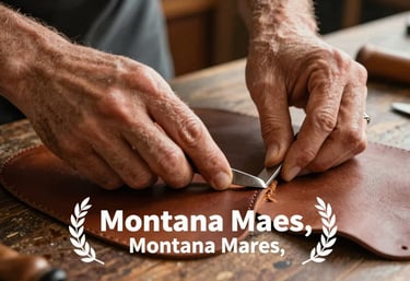 A close-up shot of hands working with heritage leather on a workbench. The scene is lit with warm, earthy tones, showing the detail and craftsmanship of Montana makers.
