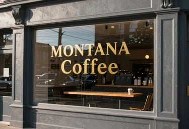 The storefront of a boutique local Montana coffee shop. The image features a slate gray exterior with elegant gold lettering on the glass window, reflecting the morning light.