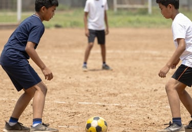 Children joyfully training football on a sunny field, showing teamwork and energy.