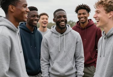 A group of friends laughing and wearing diverse crew & co hoodies and sweatshirts outdoors.