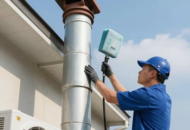 Technician carefully inspecting an air duct system with a camera in a bright, modern home.