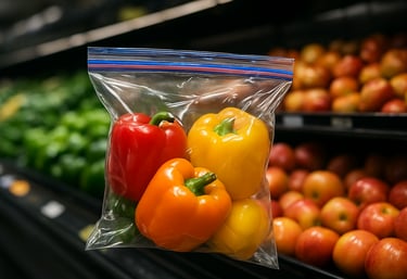 A high-quality commercial photograph of vibrant tri-color bell peppers inside a branded zipper bag, displayed in a well-lit North American grocery store produce section.