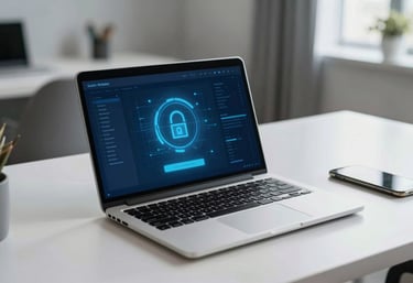 A modern workspace in a South American / Brazilian city, featuring a clean desk with a laptop showing a secure interface. Colors: Sea Blue and Dark Navy Blue.