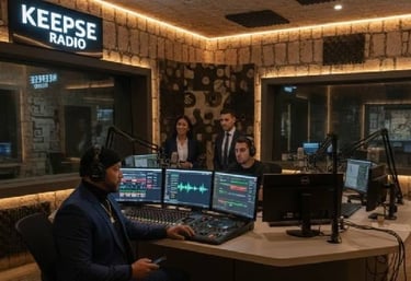 Professional radio broadcasters at Keepse Radio using digital mixing consoles and microphones in a recording studio.