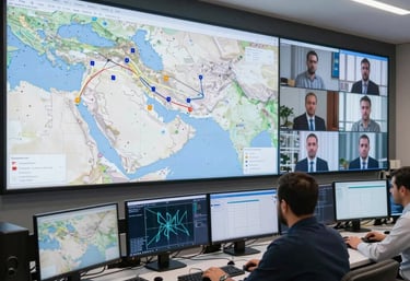 A strategic meeting with experts discussing maps and security data around a conference table.