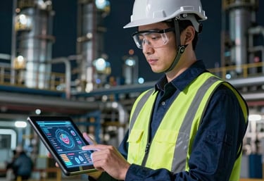 Close-up of a technician inspecting a precision flow instrument in an industrial setting with blue and orange safety colors.