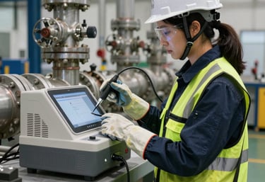 A professional warehouse with industrial safety equipment neatly organized on shelves, highlighting helmets and harnesses.
