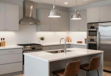 Bright, modern kitchen remodel featuring warm wood tones and blue accents.