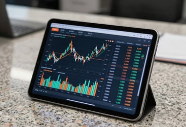 A professional high-tech tablet displaying vibrant financial graphs and balance sheets sitting on a clean granite surface, North American / US office atmosphere.