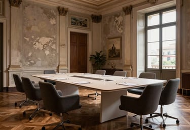 A sophisticated meeting room in a restored historic building in Rome. Modern ergonomic furniture blends with classic architecture. The lighting is warm yet professional, showing a space where big decisions are made.