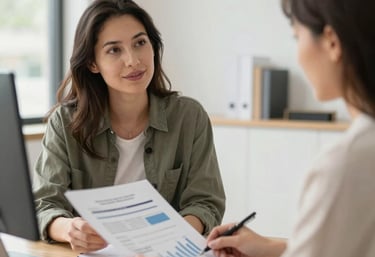 A confident woman reviewing financial documents with a supportive advisor in a cozy office.