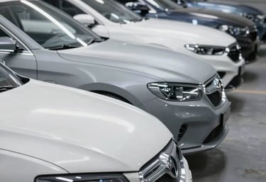 Workshop view of high-end car hoods lined up, each showing a different stage of the multi-layered paint process in French / Charente-Maritime.