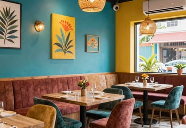 A lively brunch scene with colorful plates and smiling guests enjoying Latin-inspired dishes.