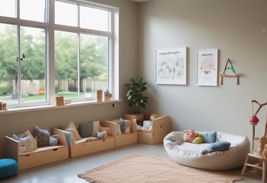 A cozy nap corner with soft blankets and gentle lighting for peaceful rest.