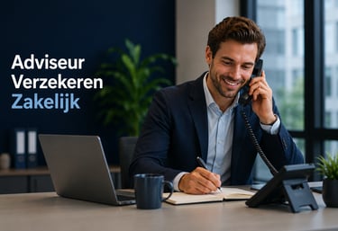 Professional business insurance advisor talking on the phone and taking notes in a modern office.