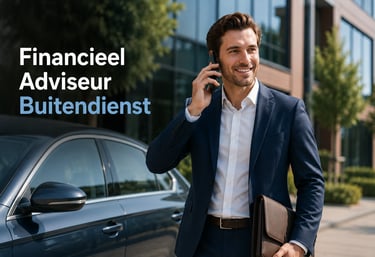 A smiling financial advisor in a suit talking on a phone next to his car in front of an office.
