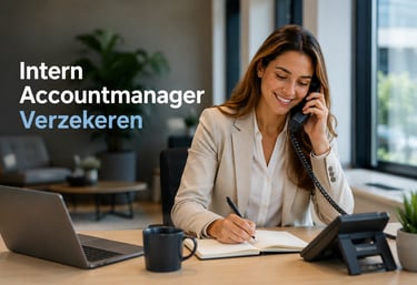 A smiling intern accountmanager verzekeren working at a desk taking notes during a phone call.