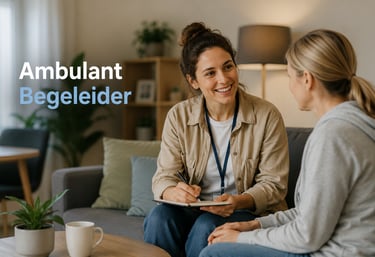 A smiling ambulant begeleider taking notes while talking to a female client during a home visit.