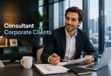Smiling male consultant in a suit analyzing corporate client documents on a modern office desk with a laptop.