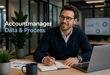 A male account manager wearing glasses works on data and process management in a modern office.
