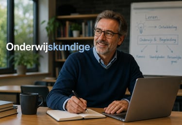 A smiling male educational expert working on a laptop in a modern office, featuring the text Onderwijskundige.