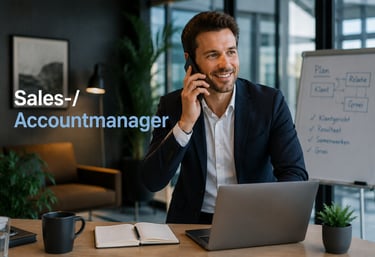 Smiling sales account manager in a suit talking on a mobile phone in a modern office setting.
