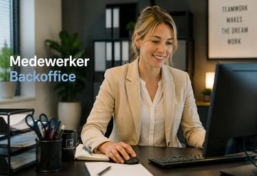 Smiling backoffice employee working on a computer in a modern professional office setting.