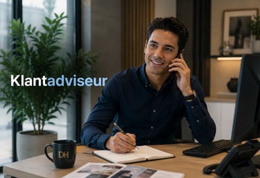 Smiling professional customer advisor talking on the phone and taking notes at his office desk.