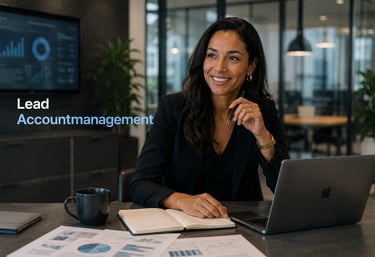 A smiling Lead Account Management professional working with a laptop and business analytics in a modern office.