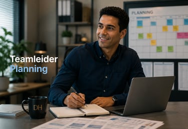 A smiling male team leader planning at a desk with a laptop and notebook in a modern office.
