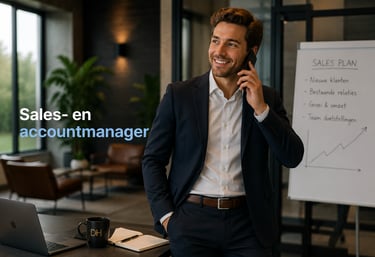 A smiling sales and account manager in a modern office talking on a smartphone near a whiteboard.