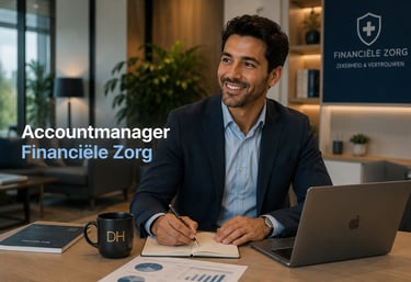 A smiling male accountmanager at Financiële Zorg working with a laptop and notebook in a modern office.