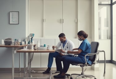 A smiling physician assisting a patient in a small-town hospital.