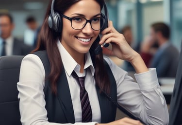 Professional call center agent wearing a headset, focused on assisting a customer.