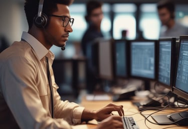 Professional call center agent wearing a headset, focused on assisting a customer.